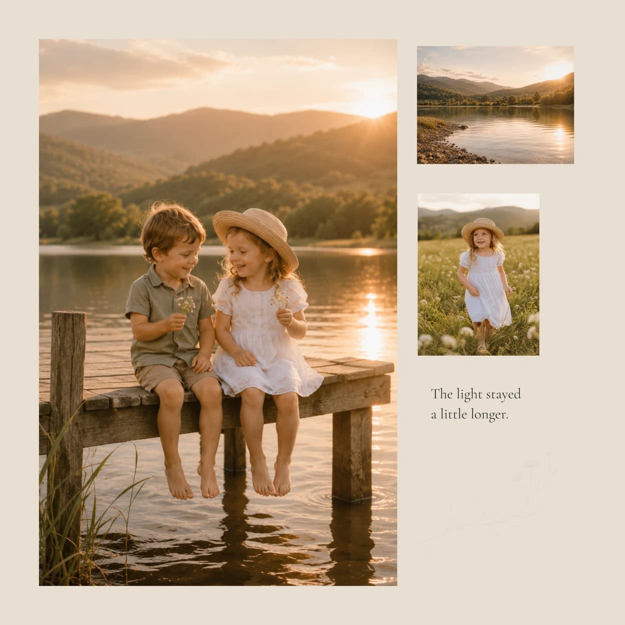 A June layout with children beside a lake, smaller summer photographs, and the words The light stayed a little longer