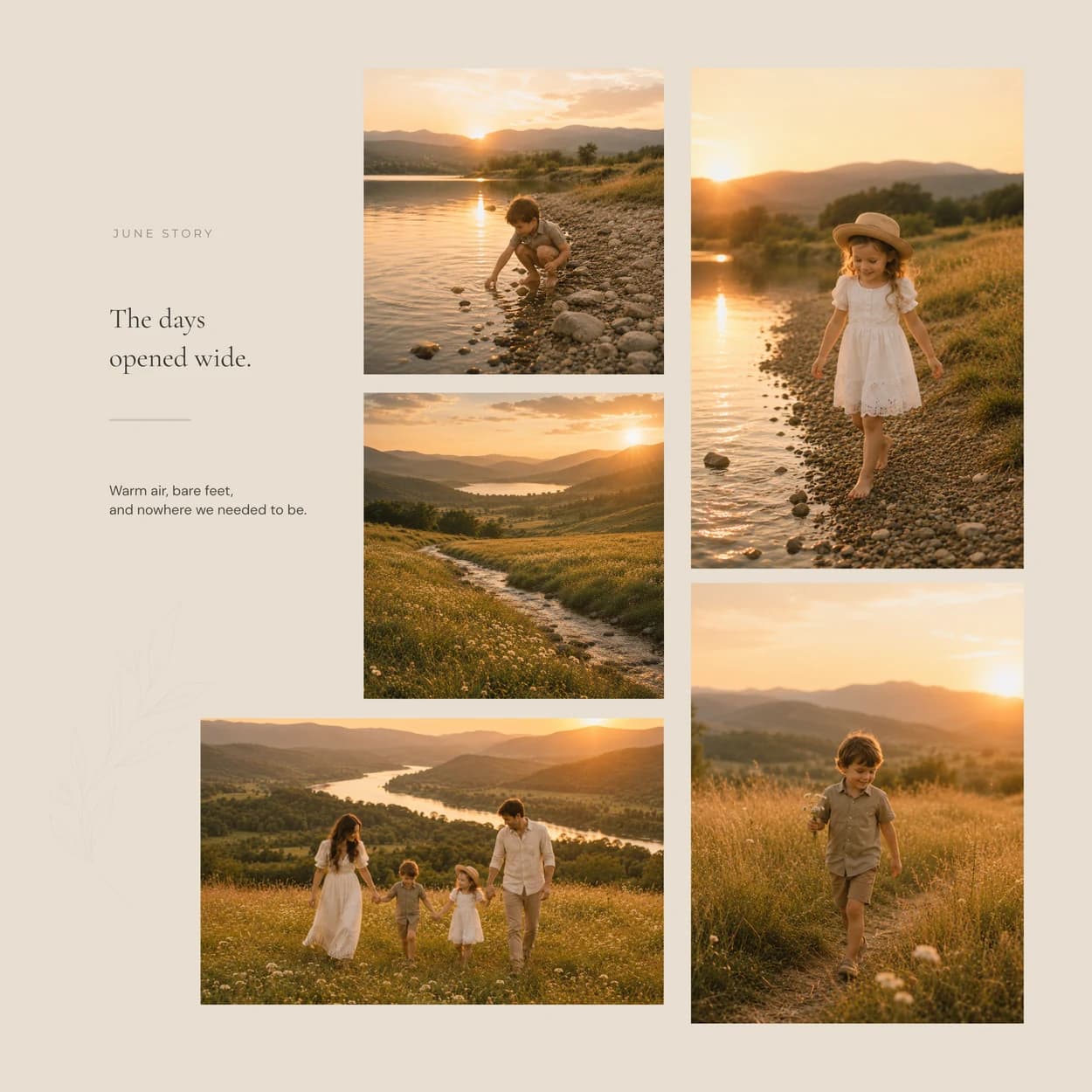 A June story page combining family photographs by a lake with the headline The days opened wide